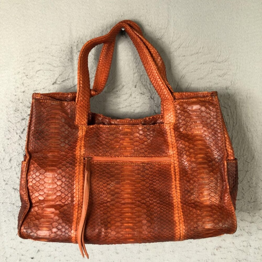 Tote Bag Womens Orange Python Snakeskin Leather Large Shoulder Handbag - Picture 1 of 16